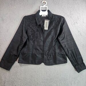 $148 NWT Chico's Blazer‎ Cardigan Size 1 Silk Embroidered Open Front Black Artsy